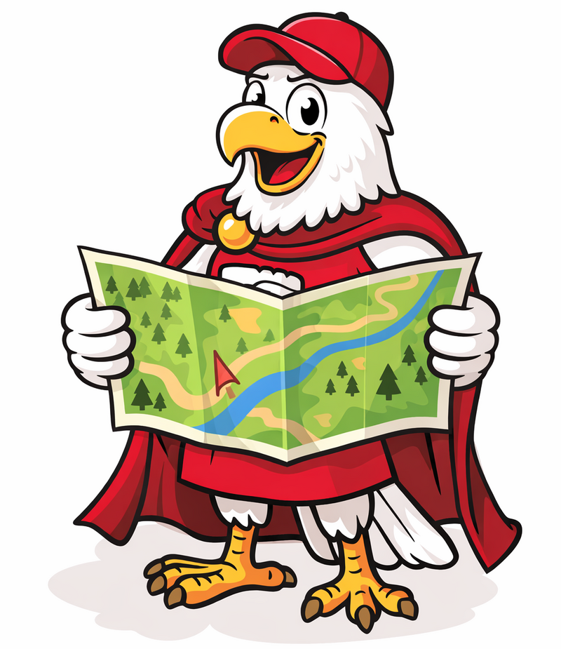 Ilustracja przedstawia uśmiechniętego, kreskówkowego orła stojącego na dwóch łapach i trzymającego rozwiniętą mapę. Orzeł ma czerwoną czapkę i czerwoną pelerynę. Na mapie widać rzekę, drzewa oraz żółte ścieżki z czerwonym znacznikiem miejsca.